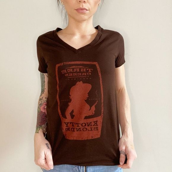 Tops - 𝅺Three Creeks Brewery Knotty Blonde Ale Brown Cowgirl Tee